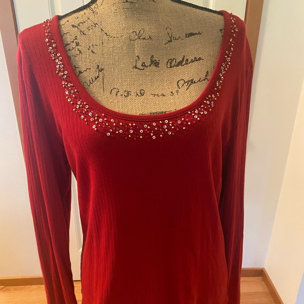 Liz & Co Red shirt with embellishments on neck line. Size XL